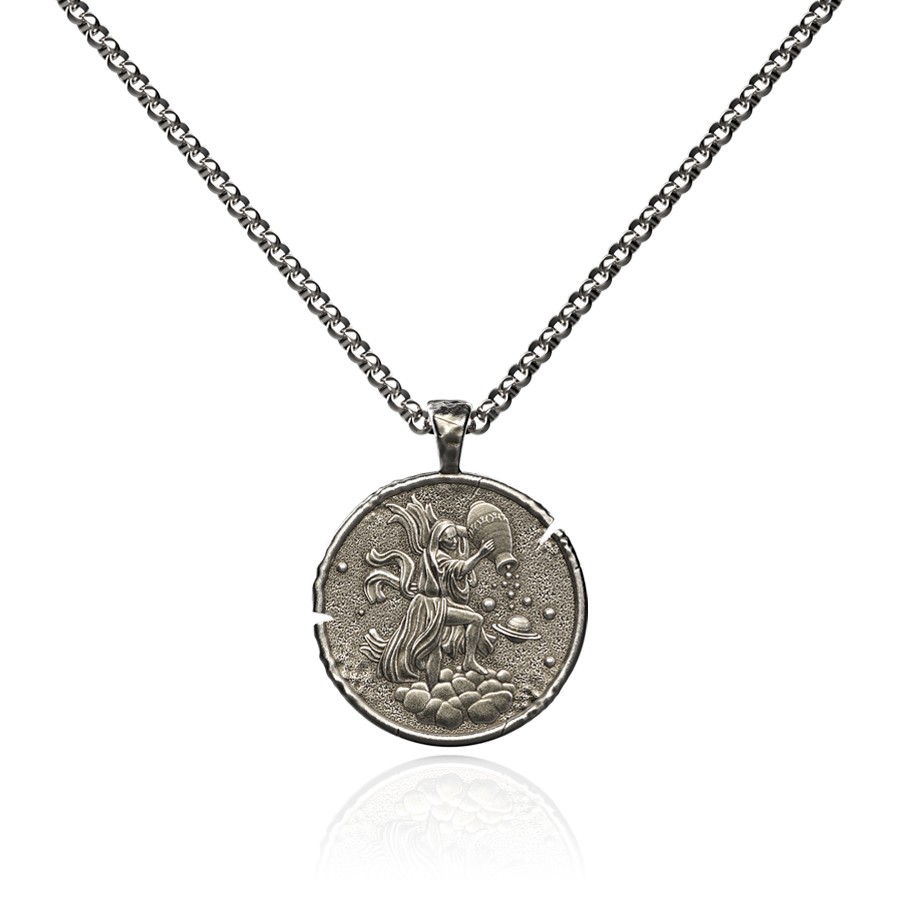 Men's necklace with medallion with Aquarius zodiac sign